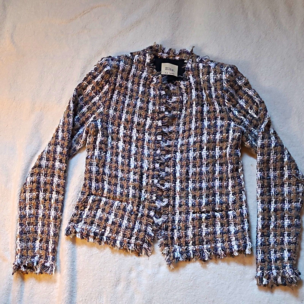 Elie Tahari Women’s XS Plaid Fringe Jacket Brown White Black Long Sleeve